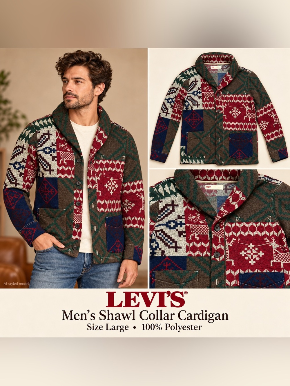 Levi’s Men’s Large Fair Isle Reindeer Shawl Collar Cardigan Sweater